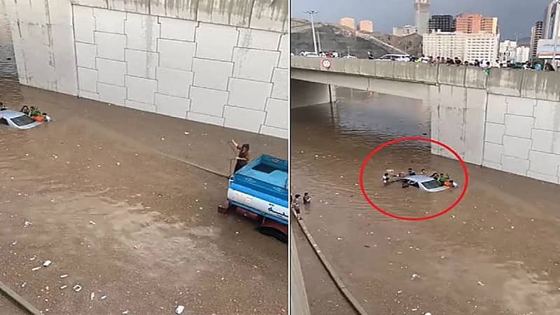 شاهد.. لحظة احتجاز مركبة وغرقها في مياه الأمطار داخل أحد الأنفاق