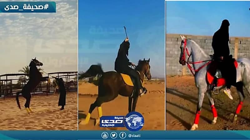 شاهد.. مواطنة في حائل تتحكم بالخيل وتمتطيه بالمقلوب