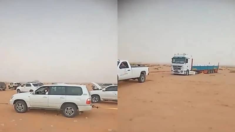مصري علقت مركبته بالرمال بالرياض يناشد الفزعة فتأتيه 30 سيارة .. فيديو