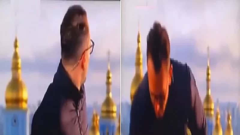 بالفيديو.. مراسل يهرب من الاستديو فور سماع انفجارات في العاصمة الأوكرانية