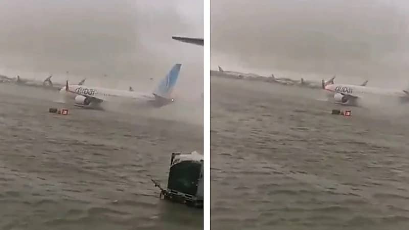 الطائرات تسبح في مياه الفيضانات بمطار دبي الدولي ... فيديو