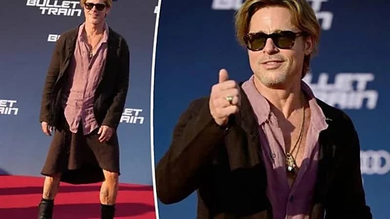 "براد بيت" يثير الجدل بعد ظهوره بتنورة