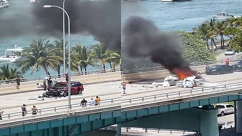 بالفيديو.. لحظة اصطدام طائرة صغيرة بجسر واحتراقها