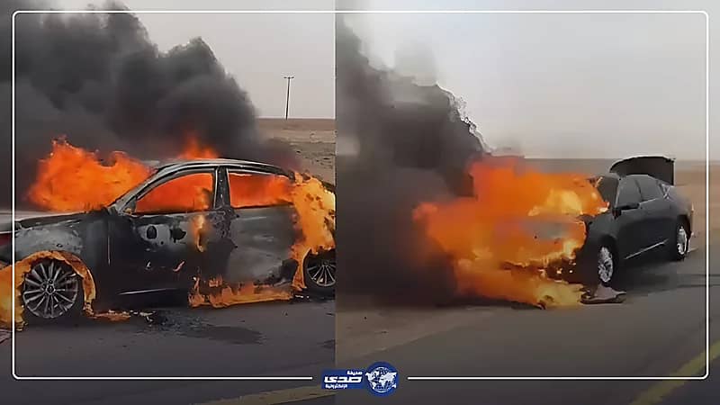 شاب يوثق نجاته من الموت هو وزملائه بعد إشعال النيران في سيارته .. فيديو