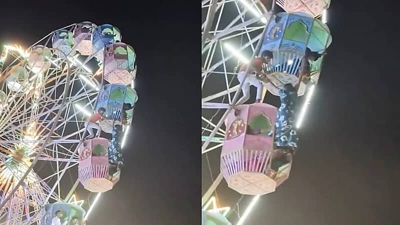 شاب ينقذ فتاة هندية تعلقت في لعبة مرتفعة بالملاهي وكادت أن تسقط.. فيديو