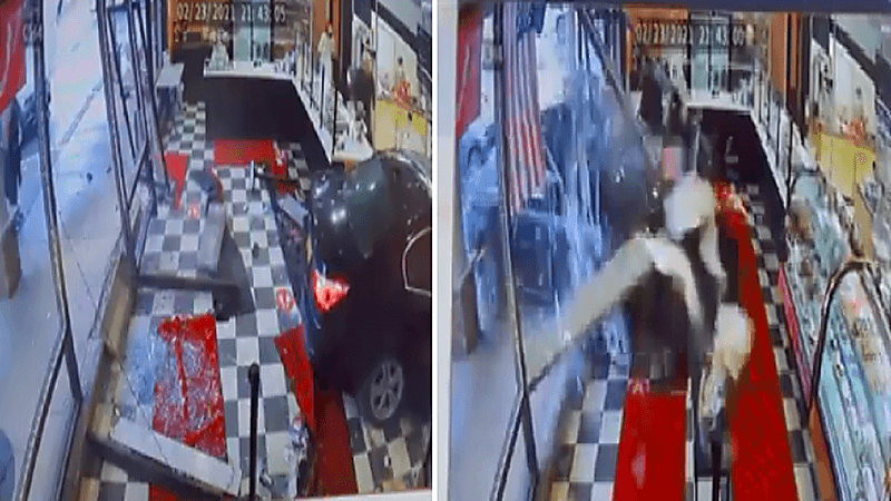 بالفيديو.. مسنة تحطم مخبز بعد اقتحامه بسيارتها الرياضية