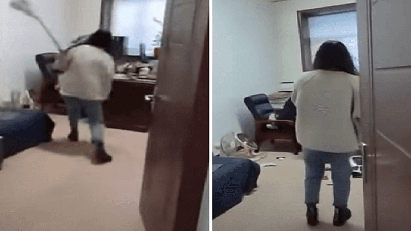 شاهد.. رد فعل عاملة تحرش بها رئيسها في العمل