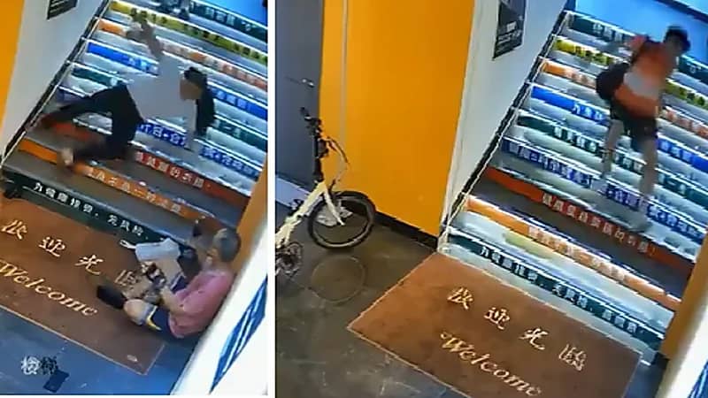 رجل يتسبب في سقوط رواد صالة رياضية من السلالم.. فيديو