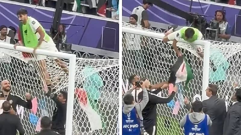فرحة هستيرية لمهاجم الأردن جعلته يعلق في الشباك .. فيديو