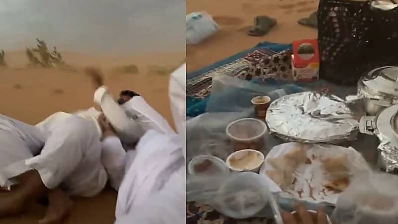 لحظة قدوم عاصفة وقت الإفطار على مجموعة شبان في كشتة .. فيديو