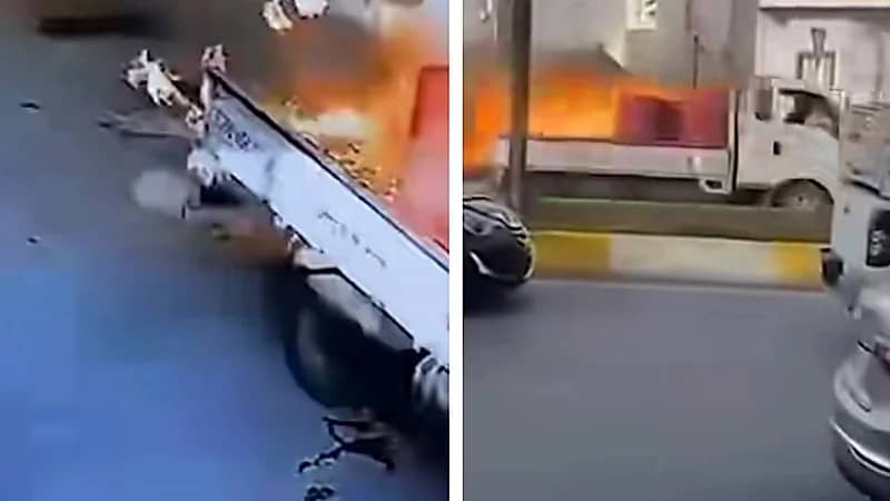 عراقي ينجو بأعجوبة بعد قيادته شاحنة وقود مشتعلة ... فيديو