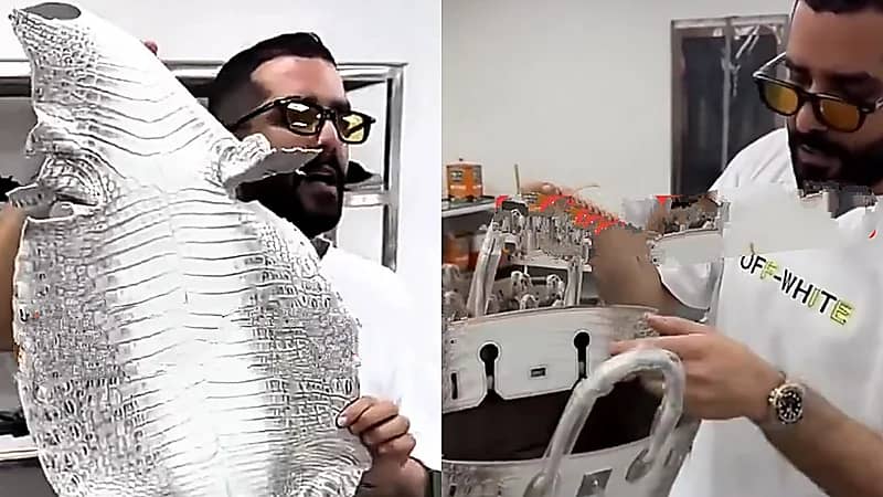 عبدالله الودعاني يوثّق استخدام جلود تماسيح حقيقية في صناعة شنط إيرميز  ..  فيديو