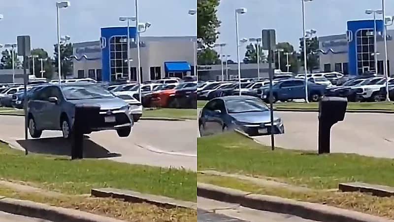 سيارة تحلق في الهواء بسبب تموج الطريق من شدة الحرارة .. فيديو