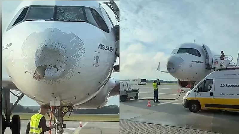 عاصفة برد توقف طائرة SkyUp بعد أضرار في المقدمة .. فيديو