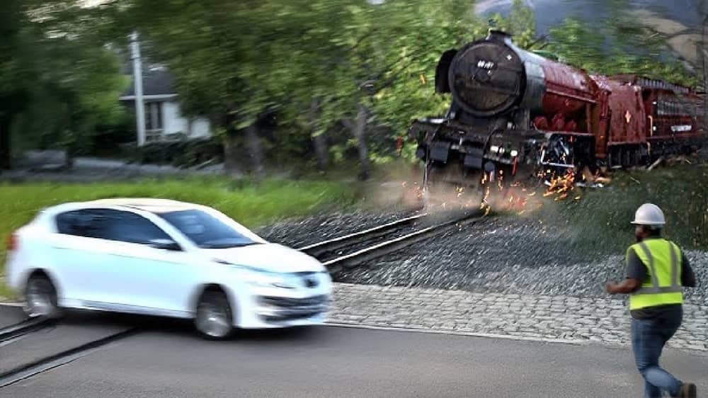 سيارة ذاتية القيادة تتوقف أمام القطار وصاحبها ينجو بالقفز