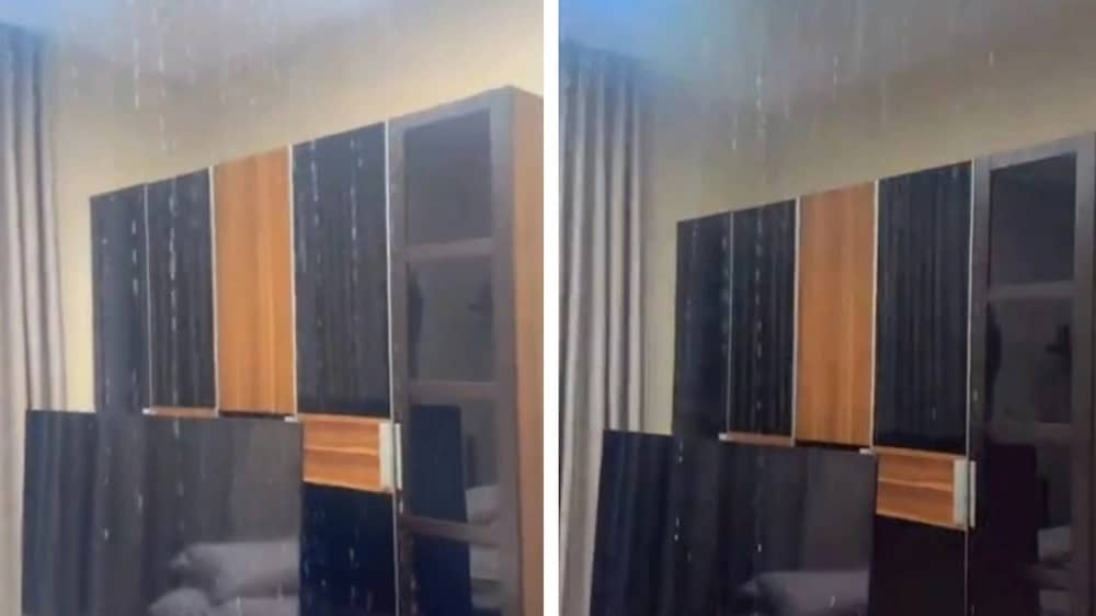 تسرب الأمطار من سقف غرفة بجدة .. فيديو