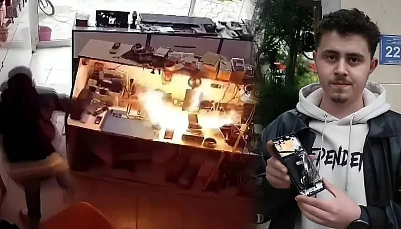 انفجار بطارية هاتف داخل ورشة صيانة بتركيا كاد يودي بحياة فني.. فيديو