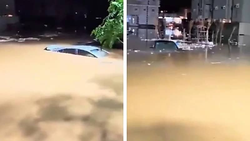 غرق حي العكيشية في مكة بعد أمطار غزيرة وارتفاع المياه 3 أمتار.. فيديو