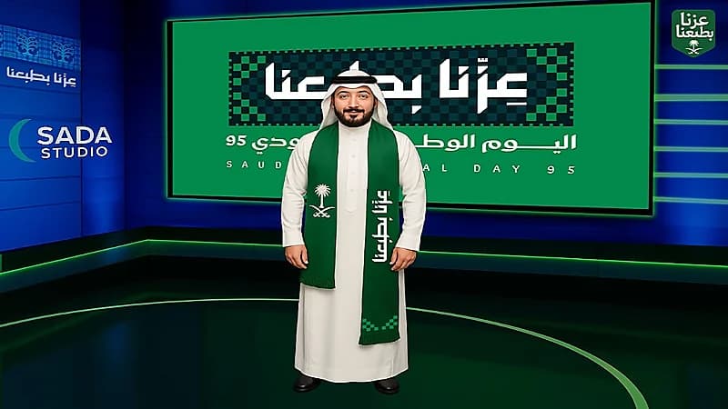 استديو صدى بالذكاء الاصطناعي يشارك الوطن ويتزين باللون الأخضر والشعارات الوطنية.. فيديو