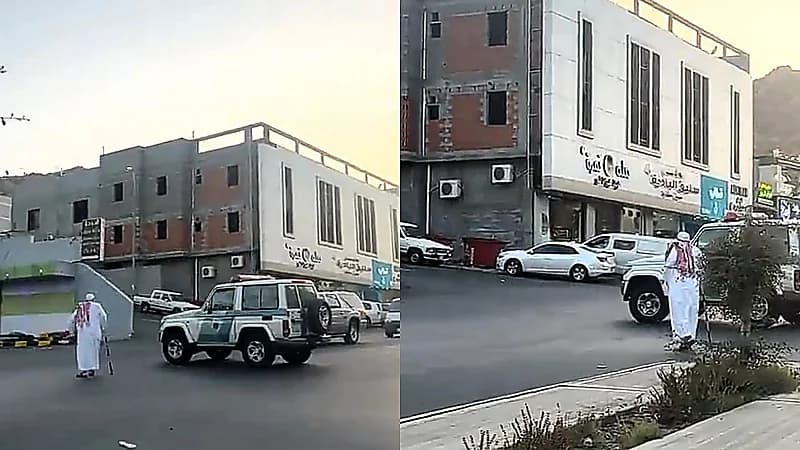 رجل أمن يوقف حركة السير لمُسن يعبر الشارع .. فيديو