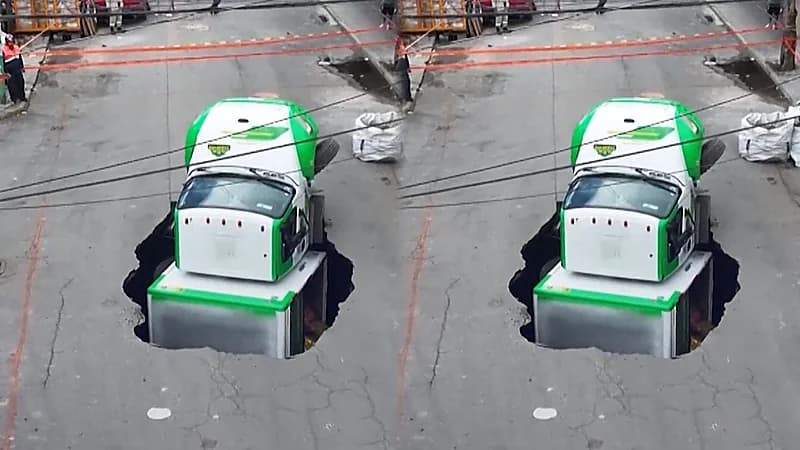 لحظة سقوط شاحنة محملة بالمشروبات الغازية في حفرة عميقة.. فيديو