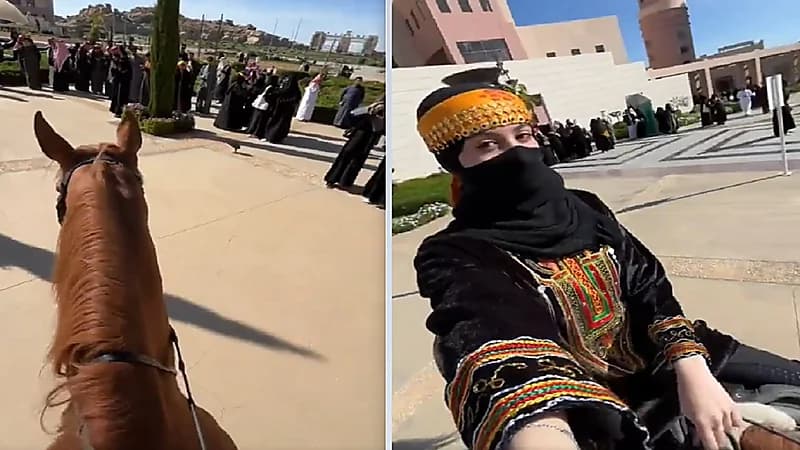 فتاة تحتفل بيوم التأسيس على ظهر الخيل .. فيديو
