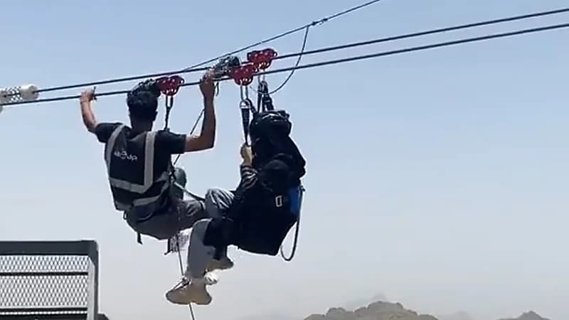 إنقاذ فتاة من تجربة الإنزلاق الحر بالباحة .. فيديو