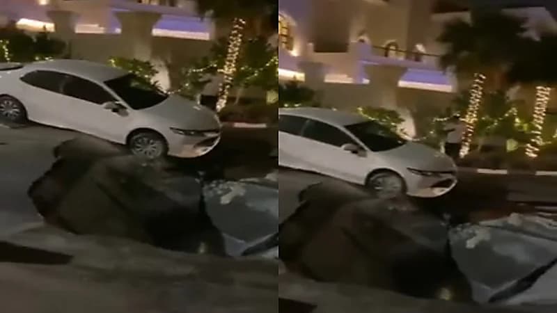 بالفيديو.. هبوط أرضى مفاجئ يتسبب في سقوط مركبة بالخبر