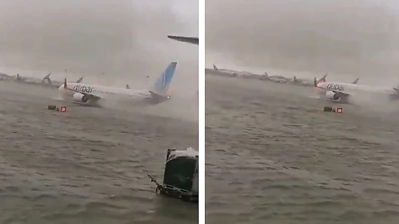 الطائرات تسبح في مياه الفيضانات بمطار دبي الدولي ... فيديو