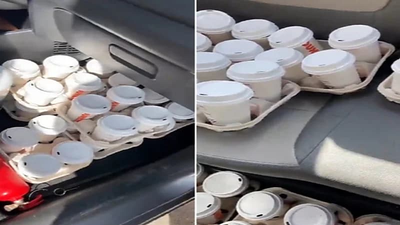 شاهد.. شاب يملأ سيارته بعدد ضخم من أكواب القهوة