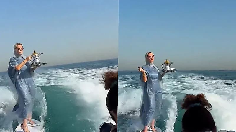 فتاة تبهر الجميع باحتسائها القهوة السعودية في البحر وسط الأمواج.. فيديو