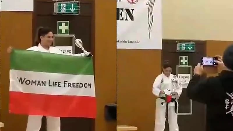 بالفيديو.. رفع علم إيران بعبارات داعمة للمرأة ضد قمع الملالي في بطولة ألمانية