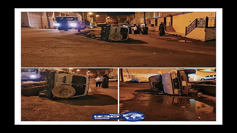 بالصور .. "بيارة" تتسبب في انقلاب سيارة في خميس مشيط