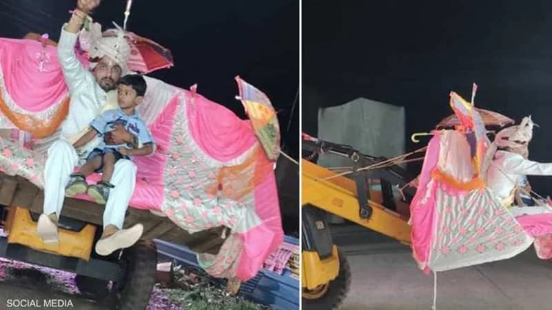 بالفيديو.. مهندس يحتفل بحفل زفافه في جرافة