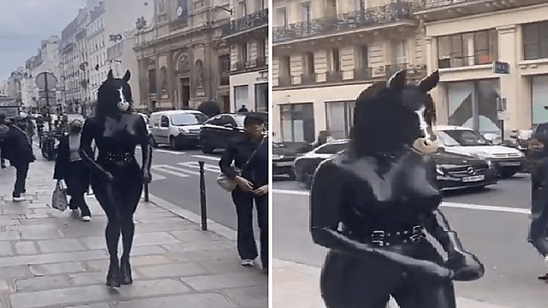 بالفيديو.. امرأة ترتدي ملابس على شكل مجسم حصان تثير جدلاً واسعاً