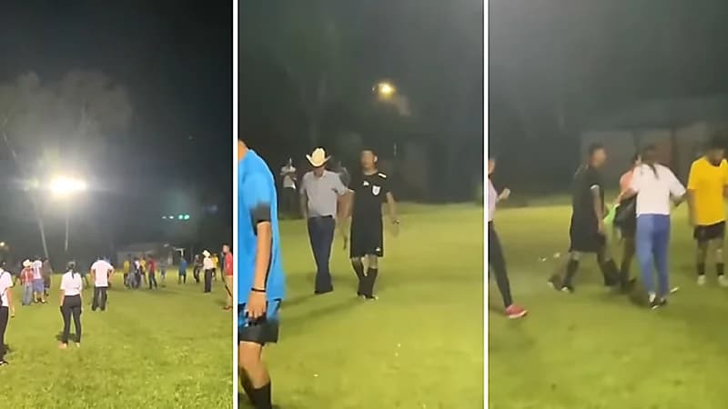 بالفيديو .. حكم يشهر مسدسًا لحماية نفسه من جماهير حاولت ضربه في الملعب