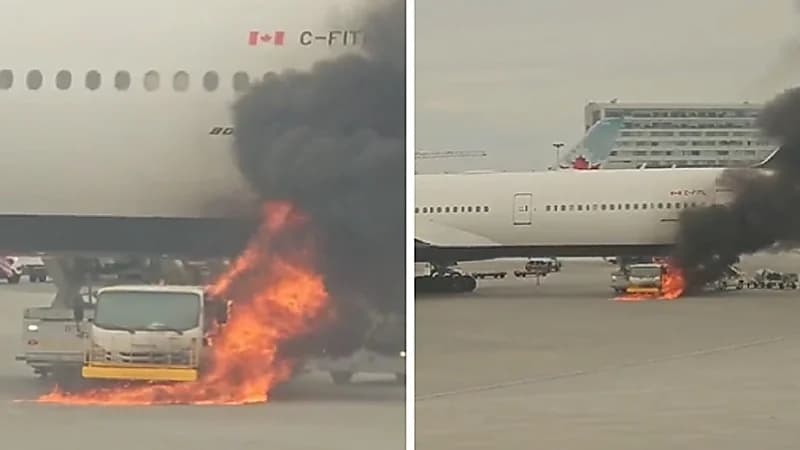 نيران تلتهم ناقلة مياه لطائرة كندية.. فيديو