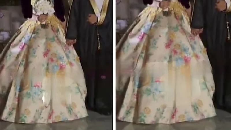 عروس تكسر العادات والتقاليد وتحتفل بيوم زفافها بفستان وردي مزخرف .. فيديو