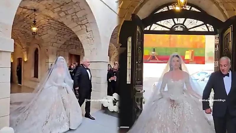 إطلالة عروس ابن المصمم إيلي صعب تخطف الأنظار في حفل زفافهما ..فيديو