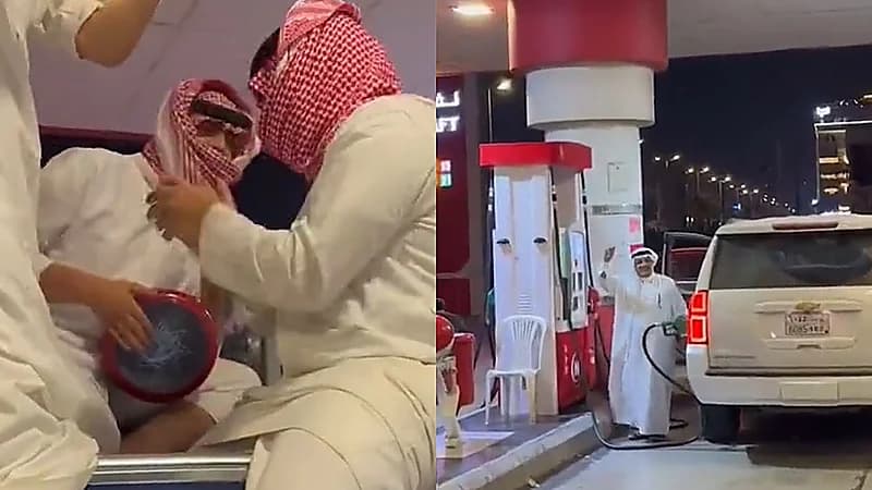 شبان يحتفلون بقدوم والدهم عند محطة البنزين بالأنغام والطبل .. فيديو