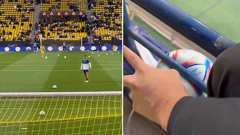 بالفيديو .. تسديدة رونالدو تخترق سياج مدرجات مباراة النصر والتعاون