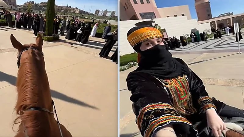 فتاة تحتفل بيوم التأسيس على ظهر الخيل .. فيديو