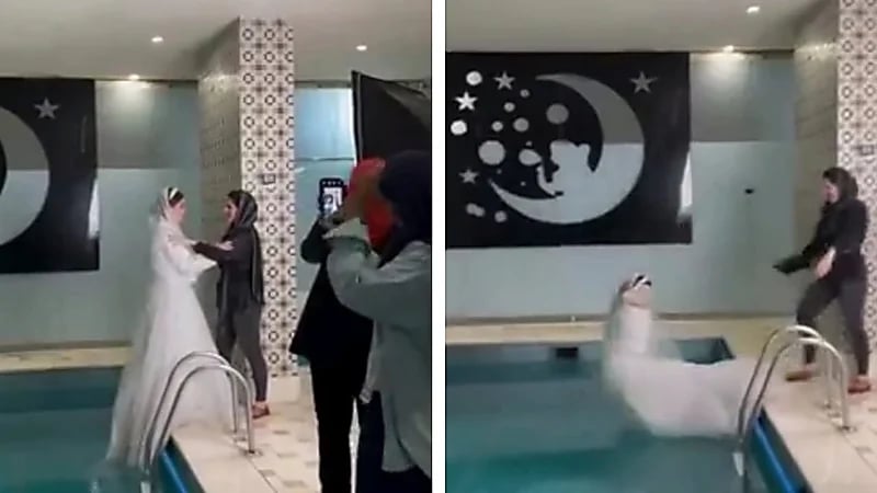 مشهد صادم لفتاة تُلقي بصديقتها العروس في المسبح .. فيديو