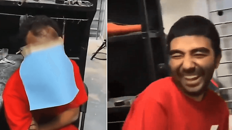 شاهد.. شاب يحاول إخفاء صلع رأسه في ورشة سيارات