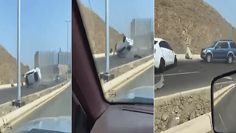 بالفيديو.. لحظة انقلاب مركبة بطريق الكلية التقنية في جدة