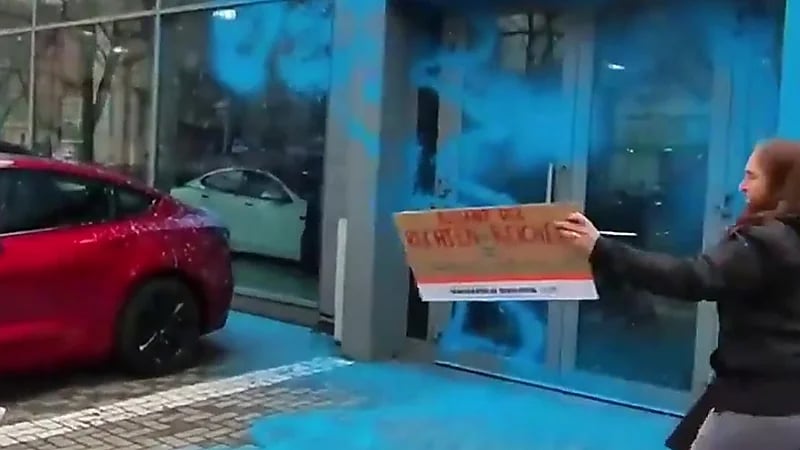 متظاهرون يرشون طلاء أزرقا على مقر لشركة تسلا ..فيديو