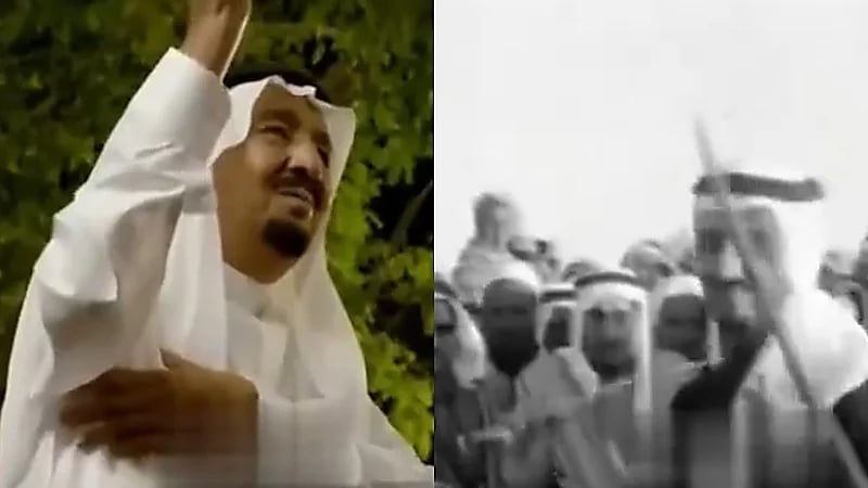 مقطع نادر لـ خادم الحرمين الشريفين وهو يؤدي العرضة ويأسر القلوب بفخرٍ وعز.. فيديو