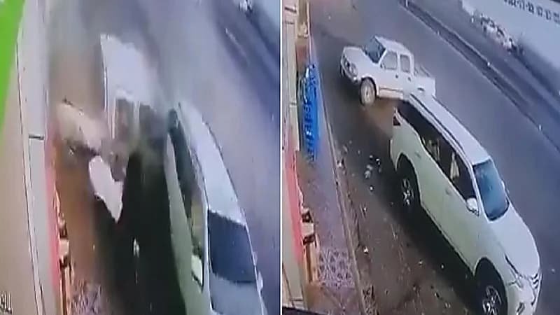 شاهد.. نجاة امرأة وابنها بأعجوبة من الموت في حادث مروع بالمدينة