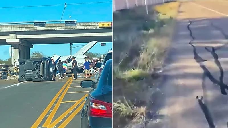 هبوط اضطراري لطائرة يتسبب في حادث مروري .. فيديو