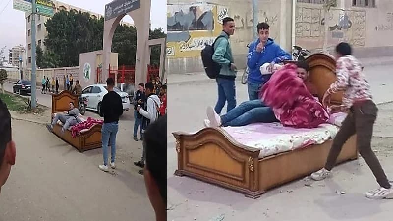 شاهد.. سرير وسط الشارع أمام معهد للبنات يثير الجدل